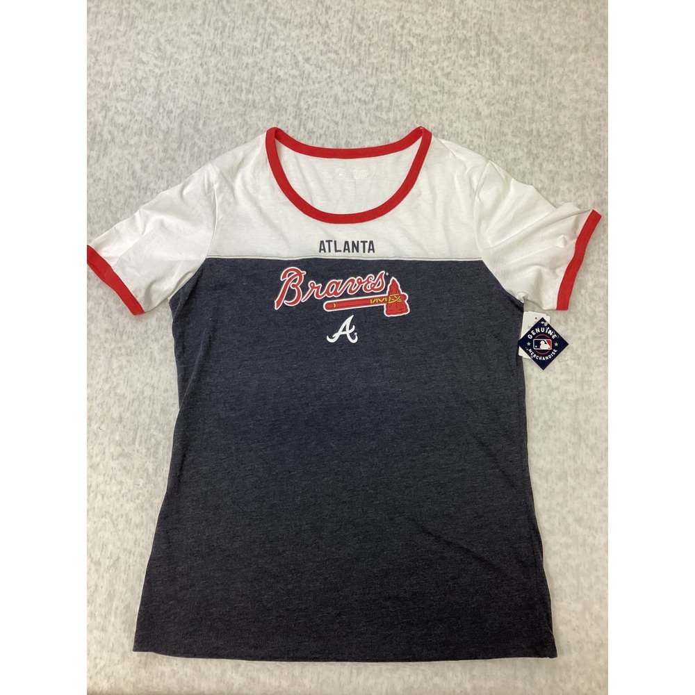 Campus Lifestyle MLB Atlanta Braves Women Navy White Colorblock Ringer Tee L NEW